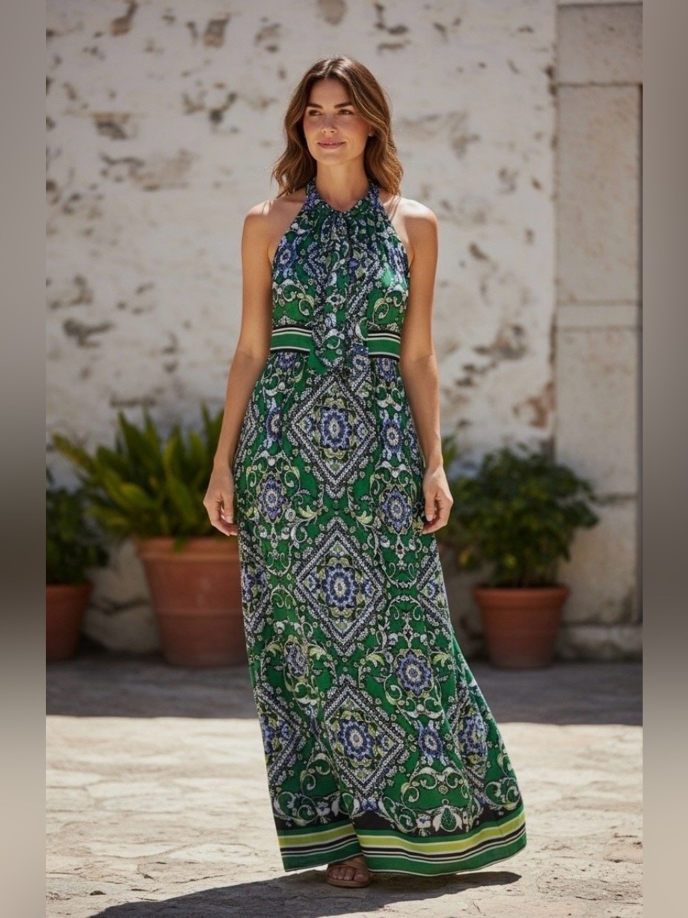 Jessica Howard Floral Damask Maxi Dress Size 8 Halter Green Boho Sleeveless